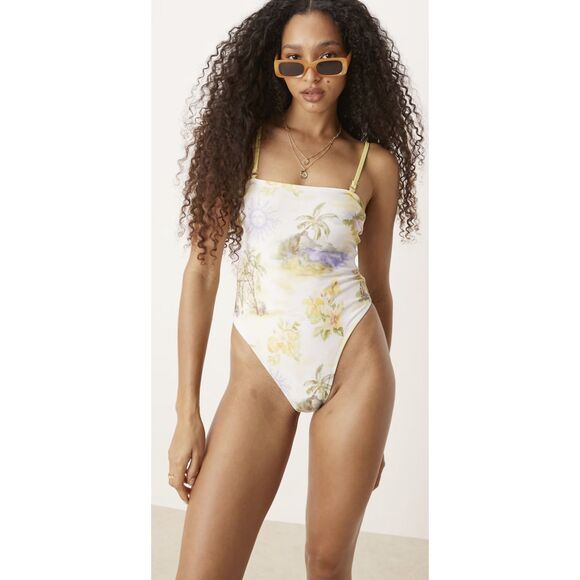 ASOS DESIGN Sunny tropical print removable straps swimsuit in yellow us 10 - Picture 5 of 6